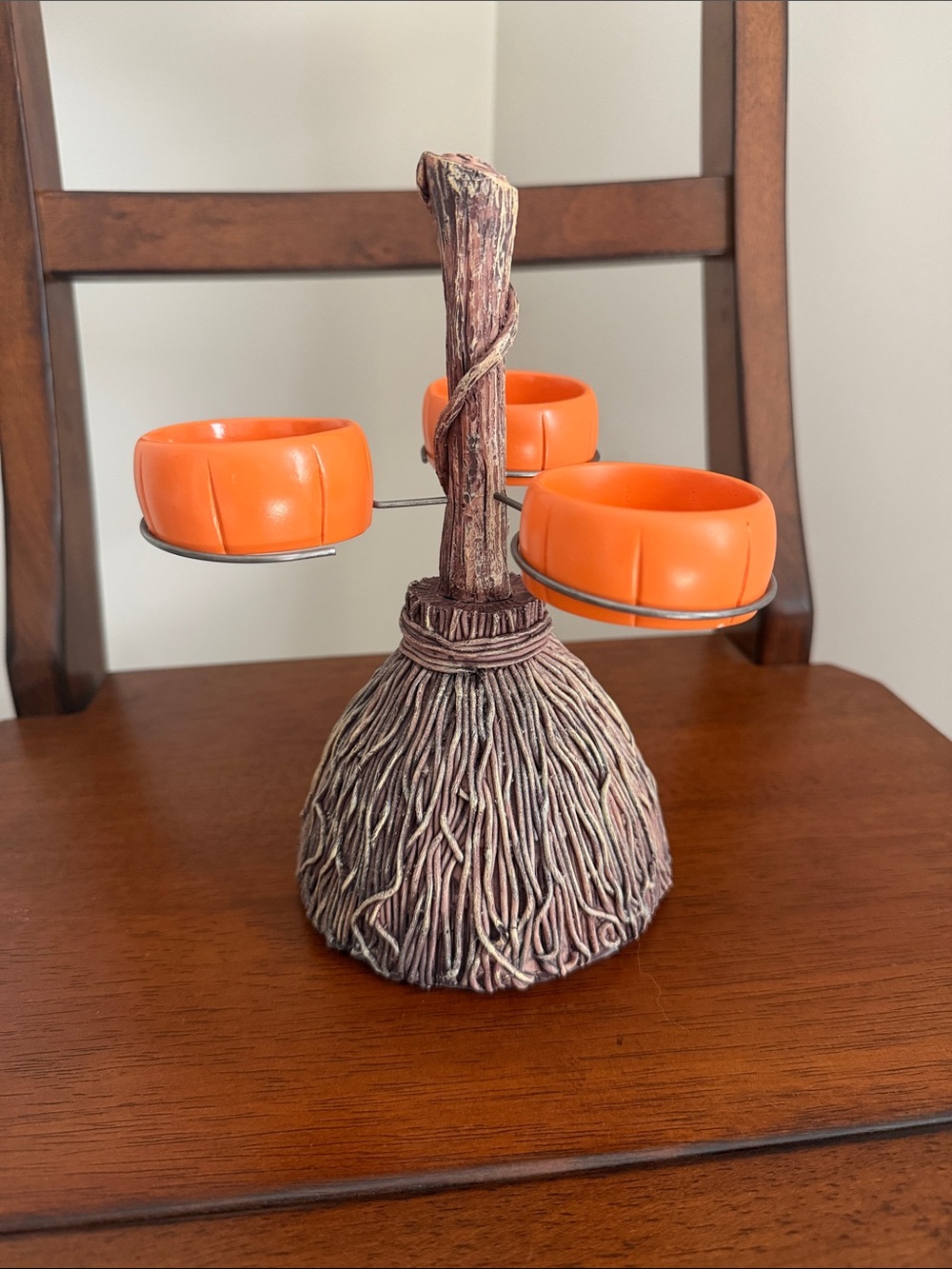 Halloween Witch Broom Tealight Holder with Orange Cups